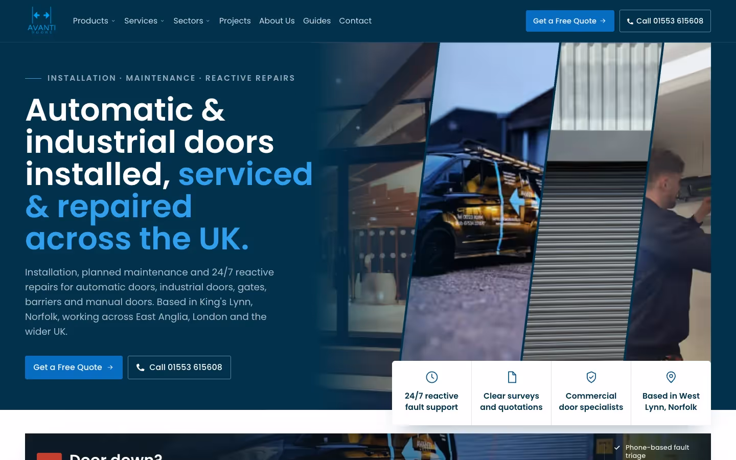 Current Avanti Doors website showing automatic and industrial door installation, maintenance and repairs