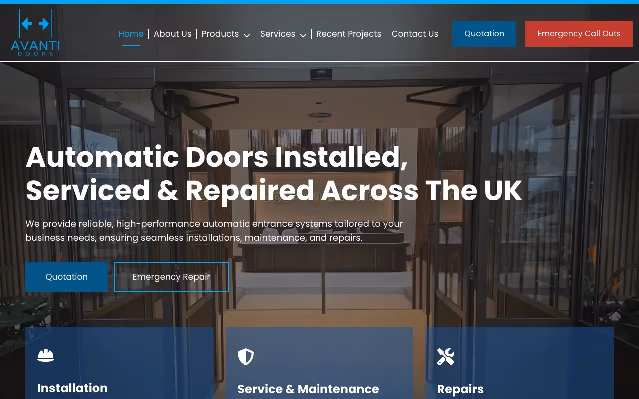Avanti Doors website showing architectural door projects and services