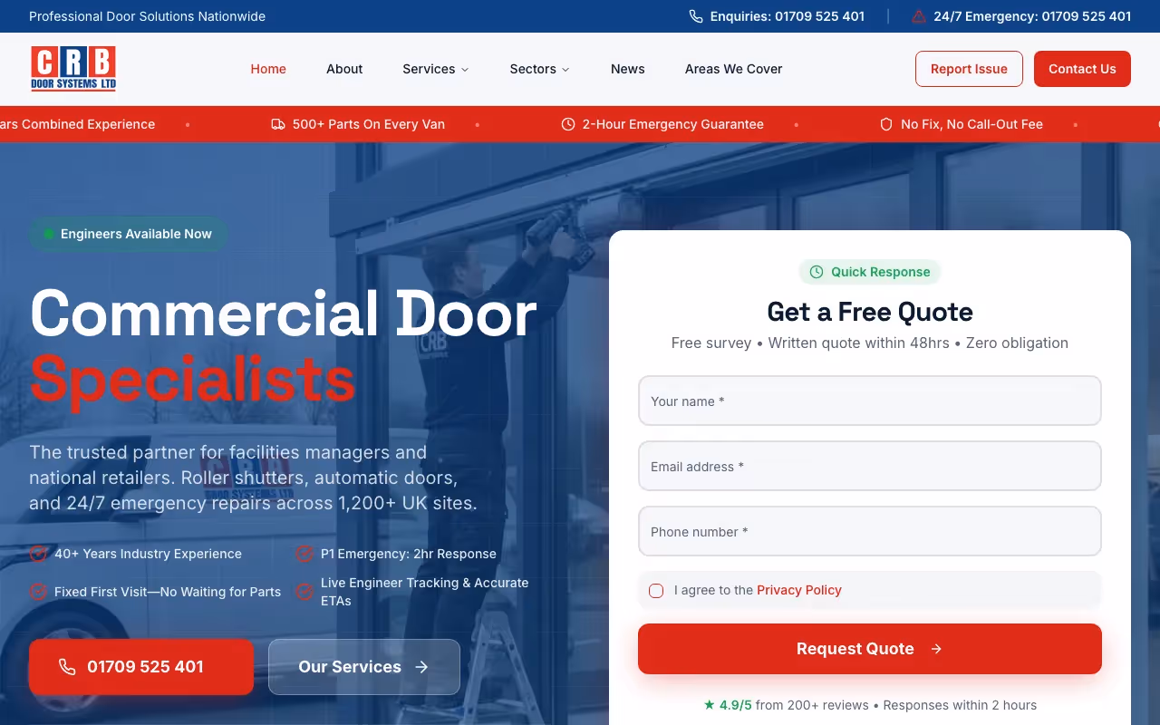 CRB Door Systems website showing its commercial door services and enquiry routes