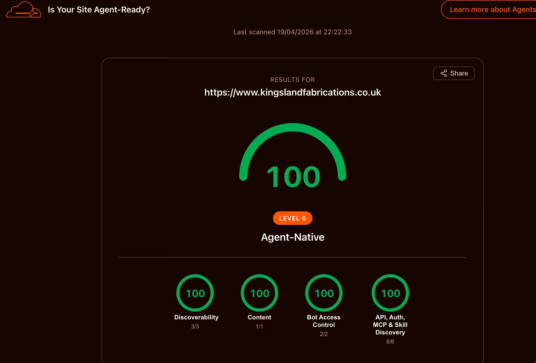 Cloudflare isitagentready.com scan result showing Kingsland Fabrications scoring 100/100 — Level 5 Agent-Native — with perfect scores across Discoverability (3/3), Content (1/1), Bot Access Control (2/2), and API, Auth, MCP & Skill Discovery (6/6).