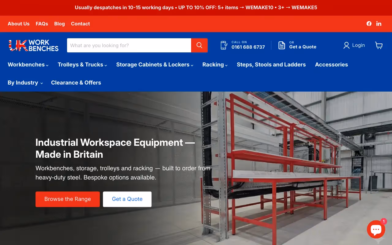 UK Workbenches Shopify store with workbench products and purchasing options
