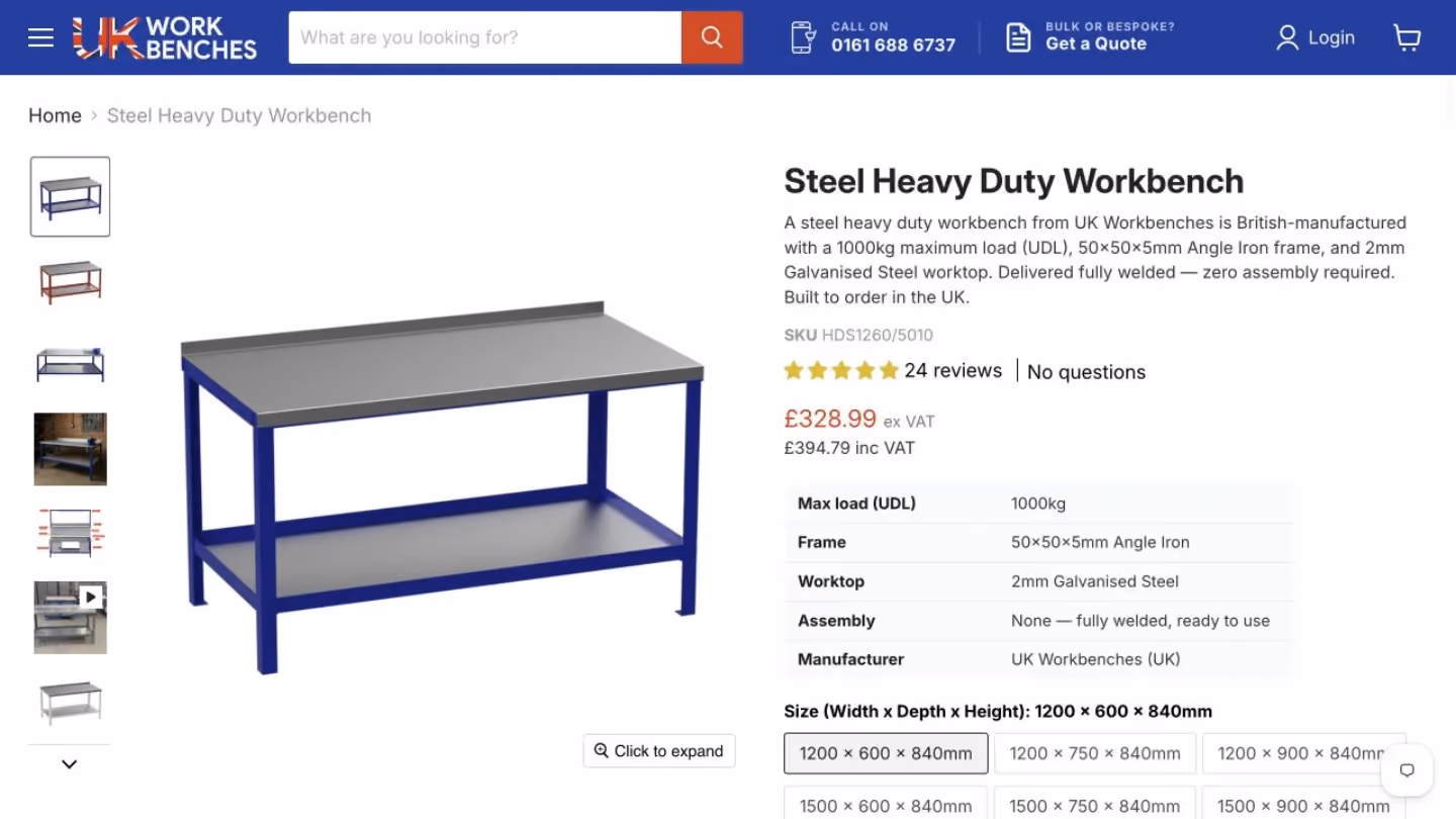 UK Workbenches Shopify store with workbench products and purchasing options