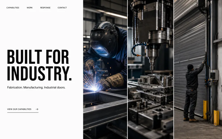 Industrial website concept for fabrication, manufacturing and reactive door services designed by Happy Webs