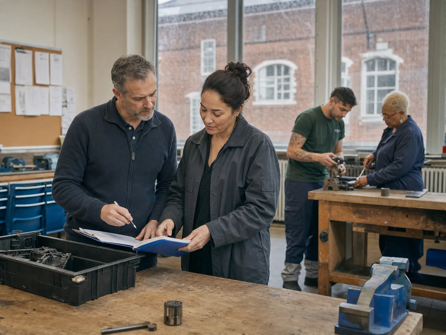 Staff preparing a practical session at a UK vocational training centre