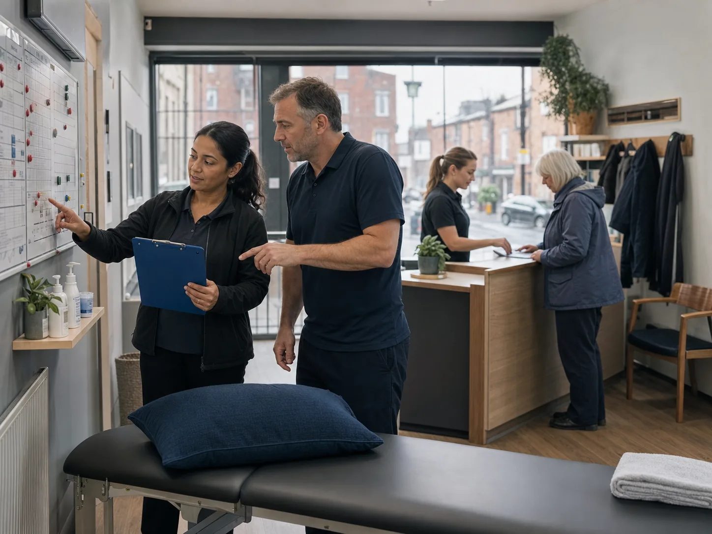 A clinician and practice manager planning the day in a UK independent clinic