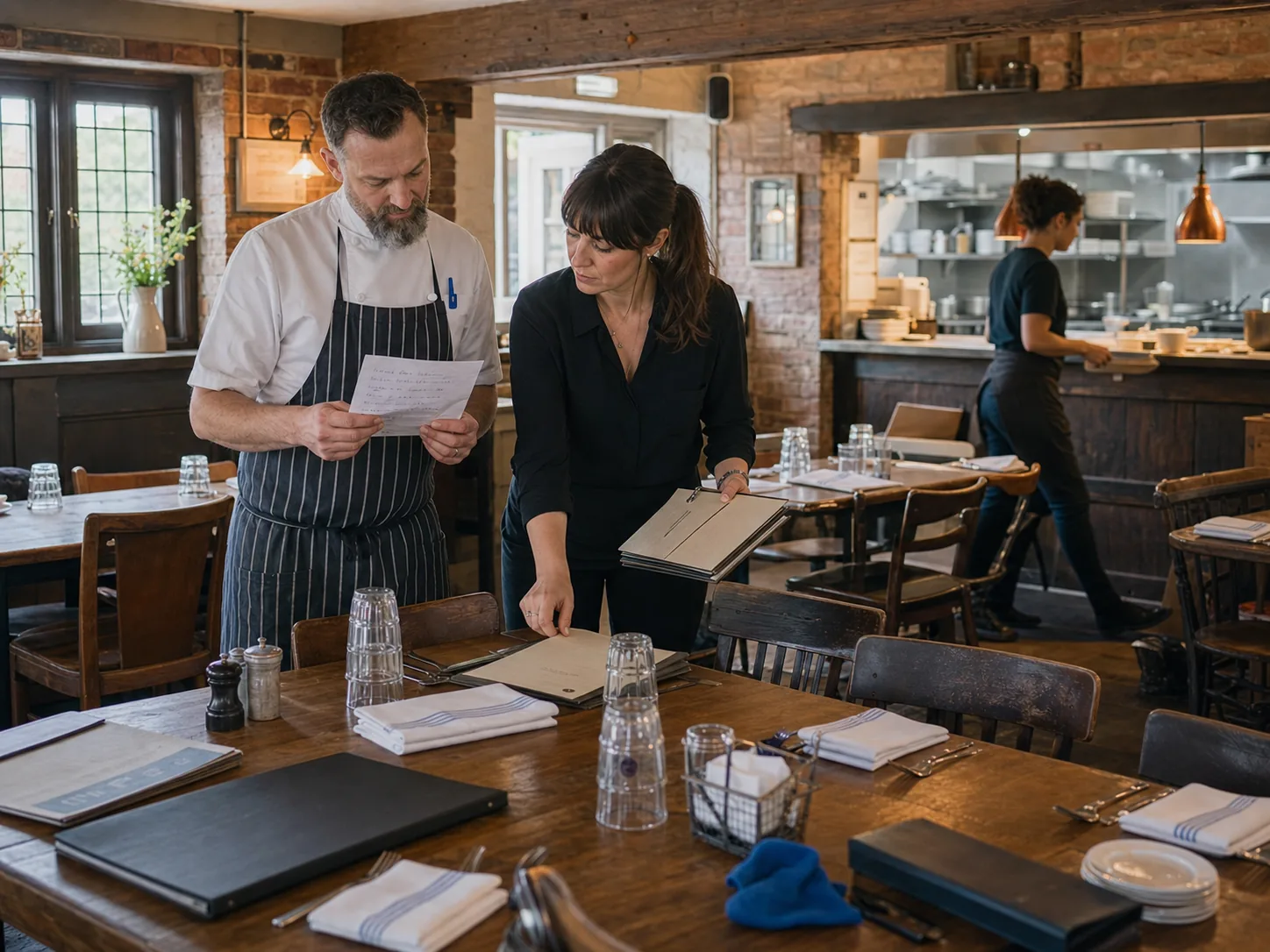A chef-owner and front-of-house manager preparing a UK restaurant for service