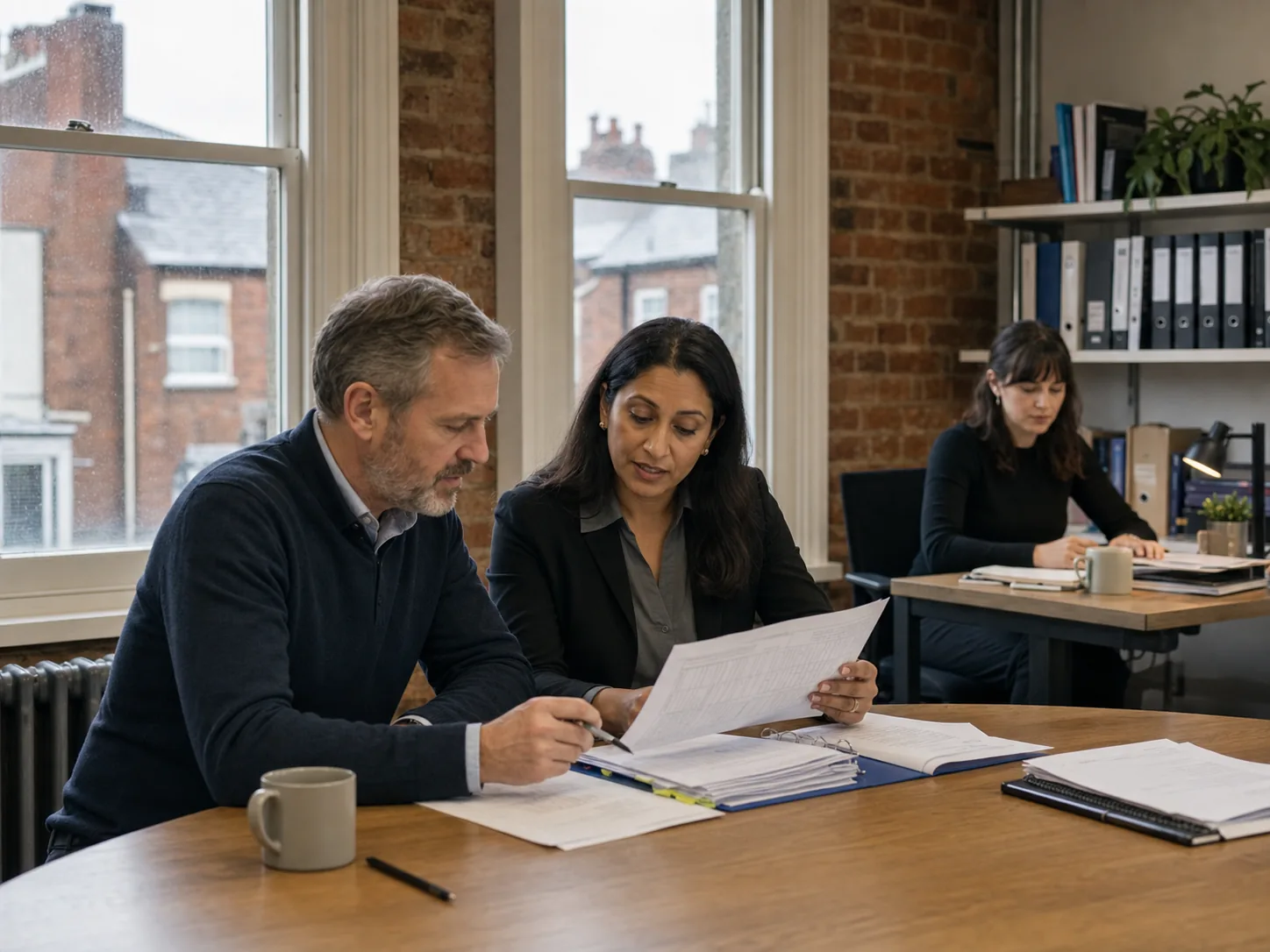 A UK professional-services team reviewing a client file in their office