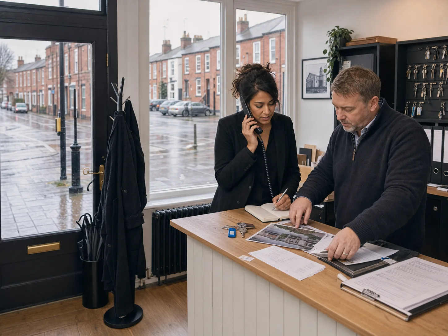 A UK property team coordinating keys and maintenance jobs in a high-street office