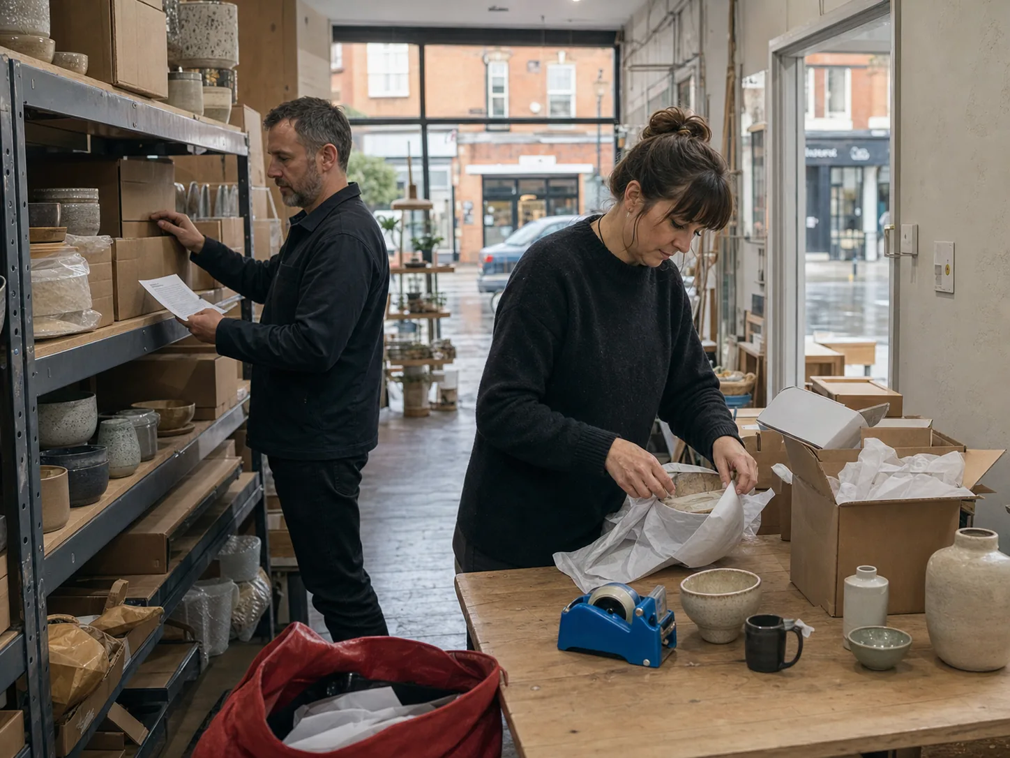 An independent UK retailer packing ecommerce orders behind the shop