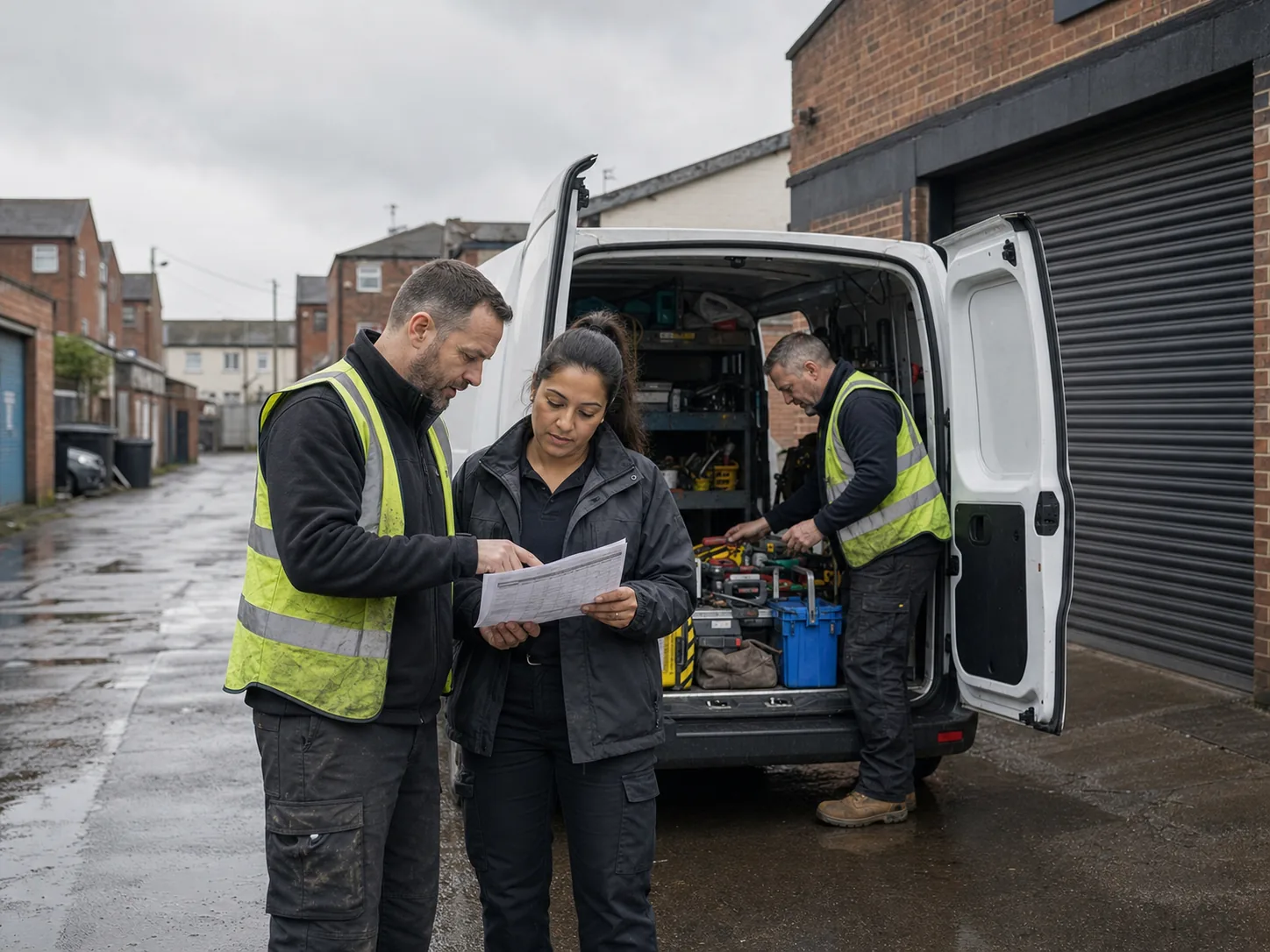 A UK trades team checking the day’s jobs beside a service van