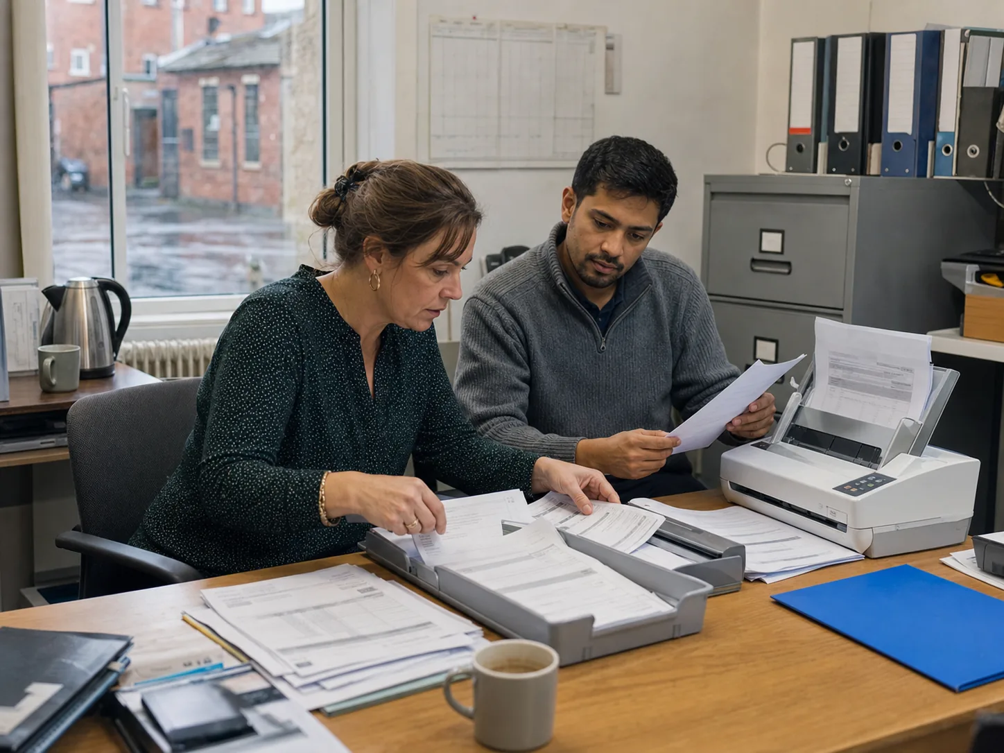 A UK office team checking documents beside a document scanner