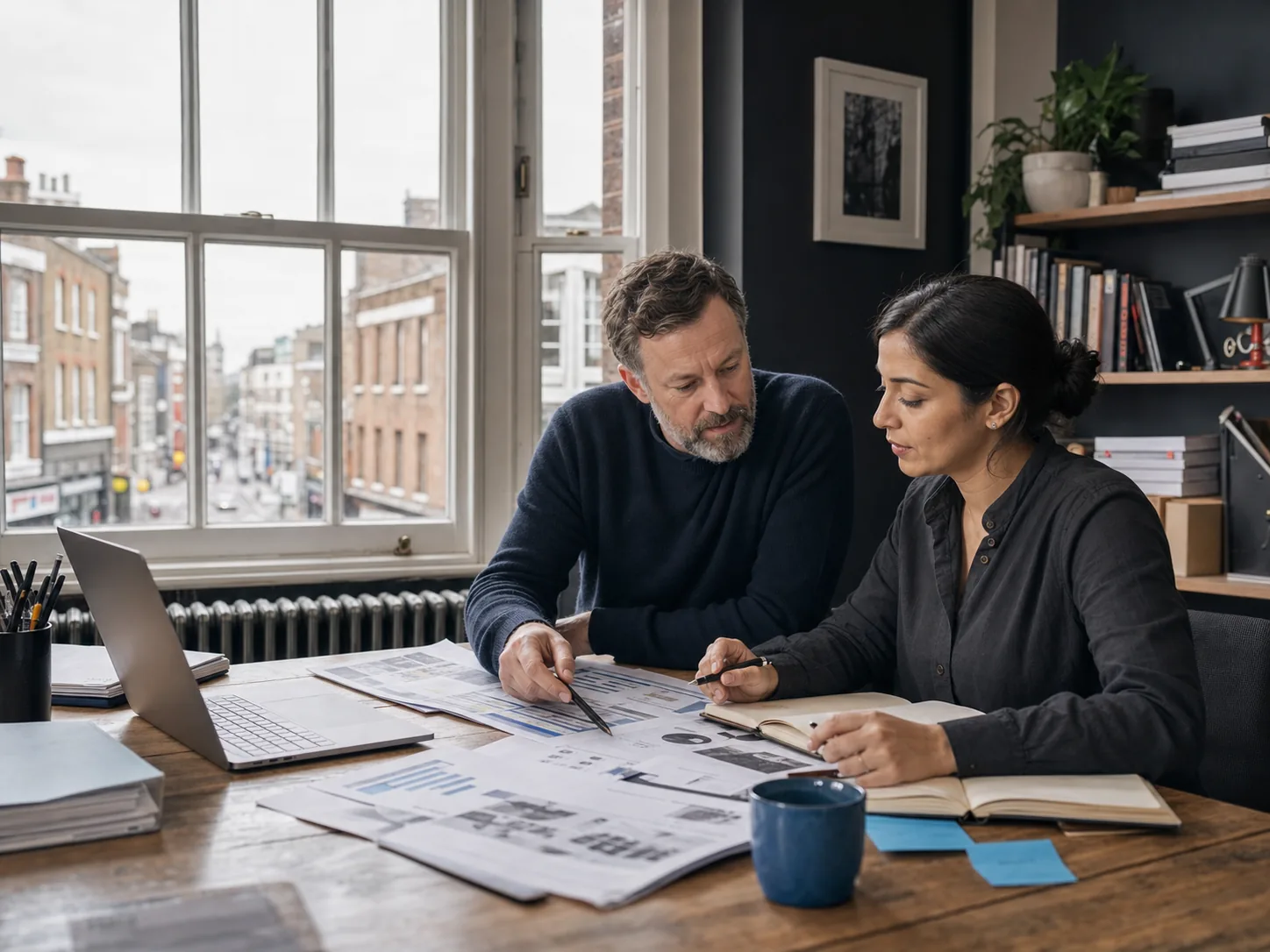 A UK business owner and strategist reviewing a measurable marketing plan