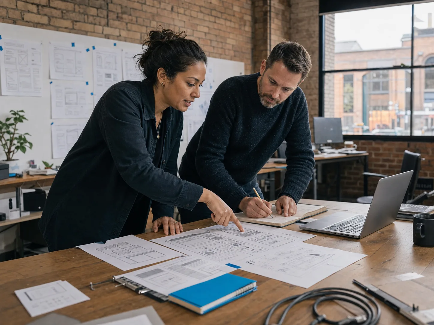 A UK business owner and web designer reviewing website wireframes together