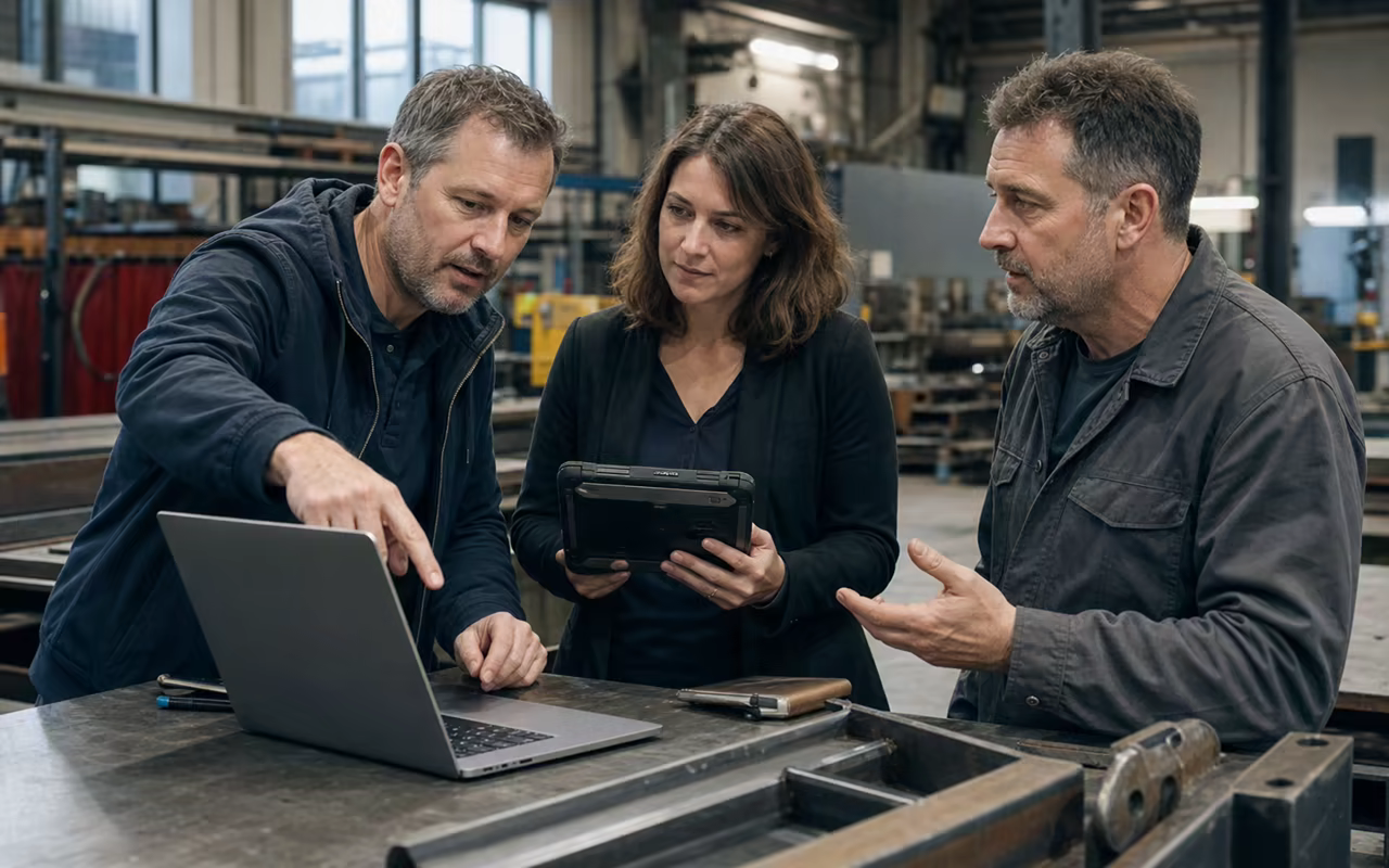 Two senior team members and an industrial SME owner reviewing a working digital system together