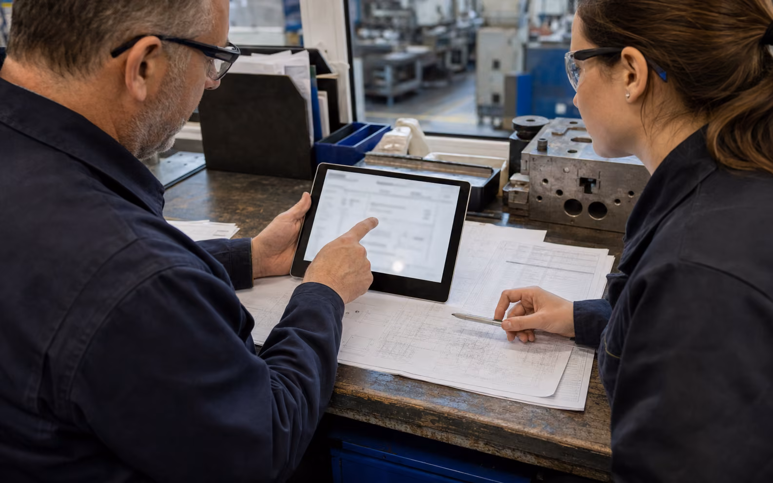 A manufacturing manager and technician checking an AI-assisted document result against a paper engineering job pack