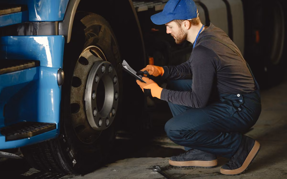 Mechanic crouching beside a lorry wheel checking a job on a tablet