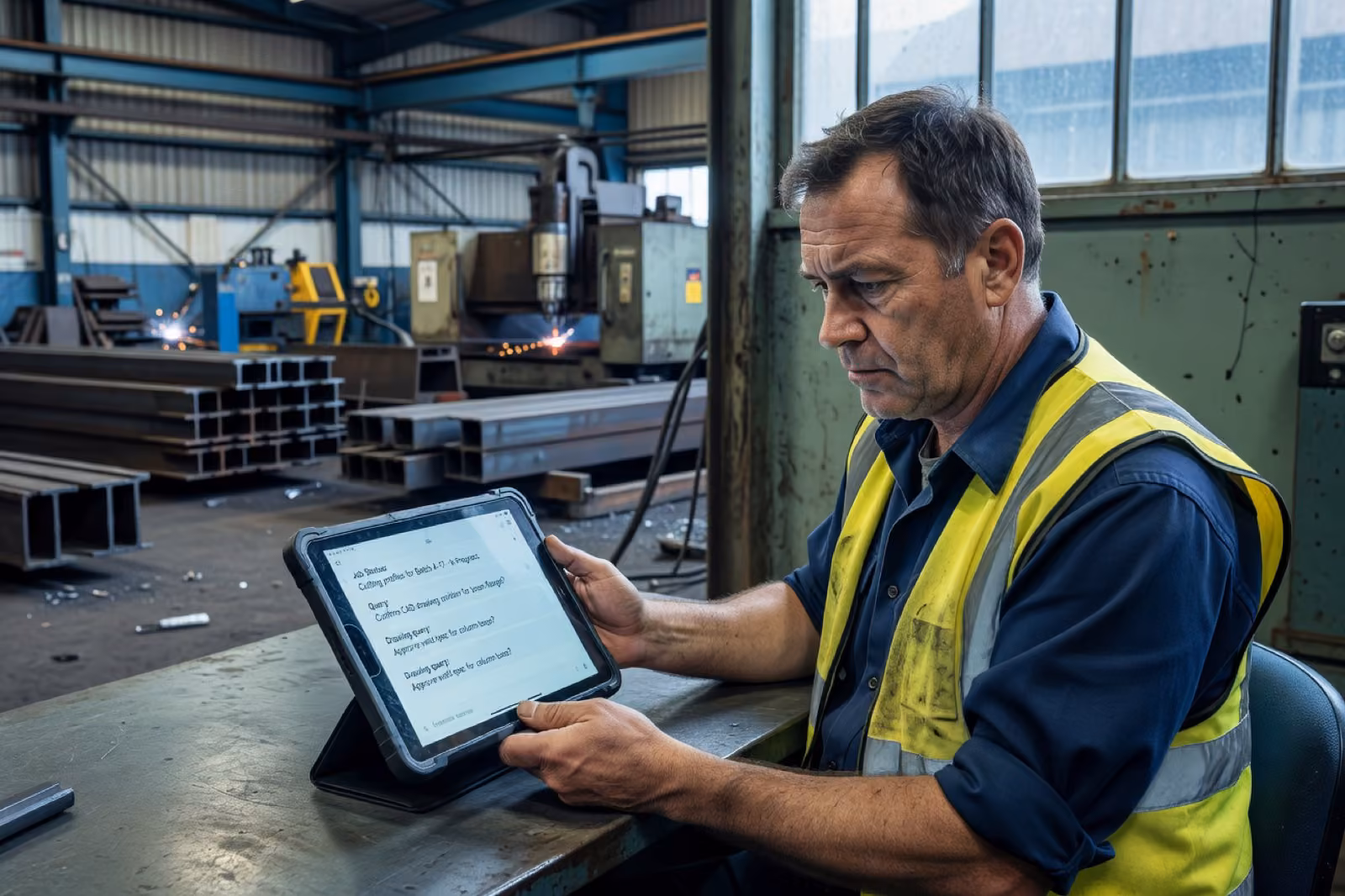 Kingsland Fabrications supervisor in Warrington using conversational shop-floor AI assistant on tablet mid-production, real-time job status visible, fabrication bays in background