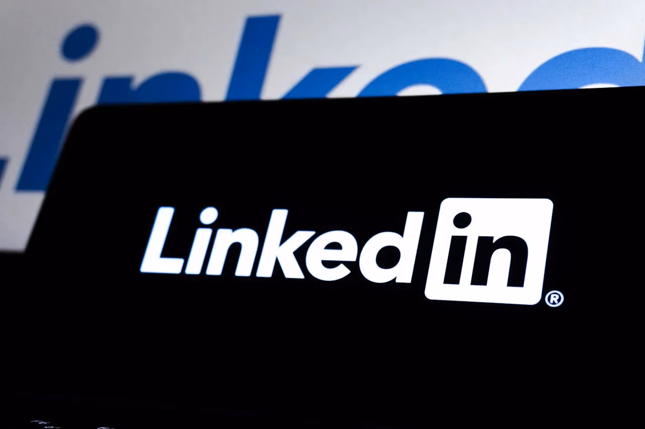 Close-up of the LinkedIn logo displayed on a screen, representing professional networking for manufacturers