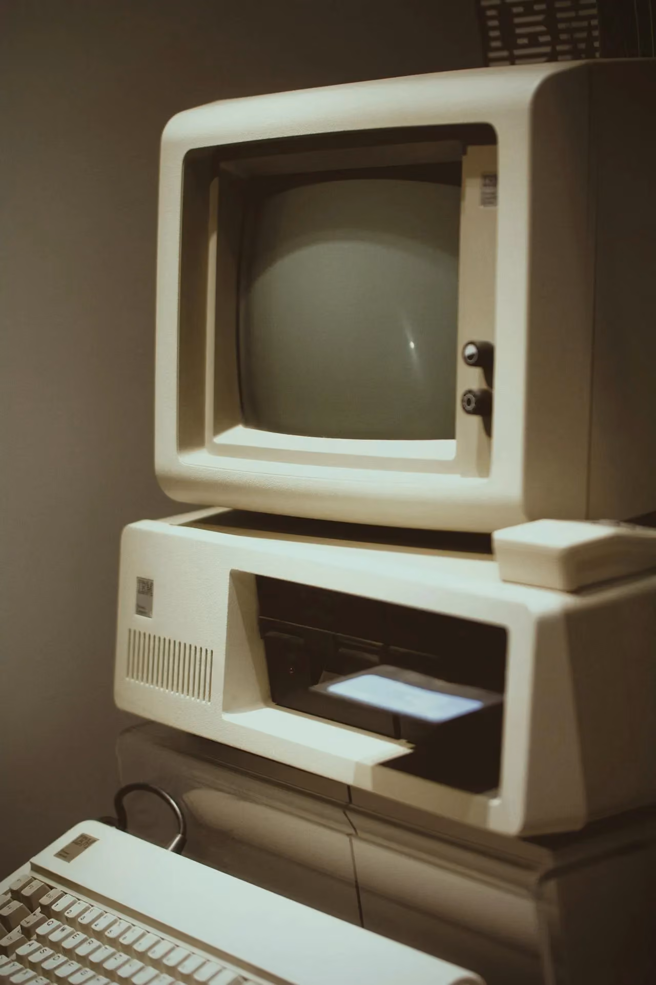 Vintage IBM personal computer with CRT monitor and floppy disk drive
