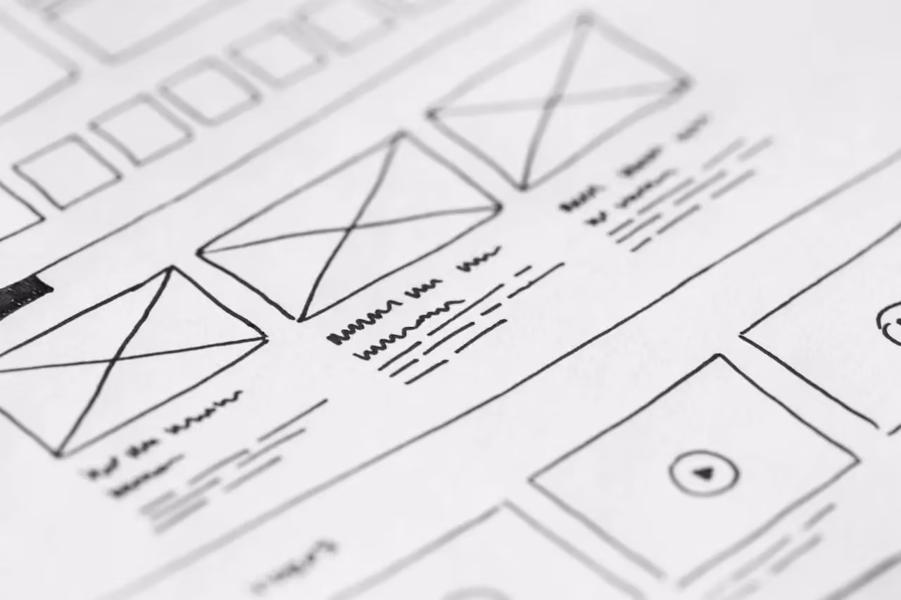 Hand-drawn wireframe sketches on white paper showing website layout planning