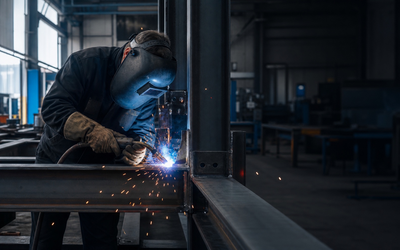 Welder fabricating a structural steel assembly in a UK workshop