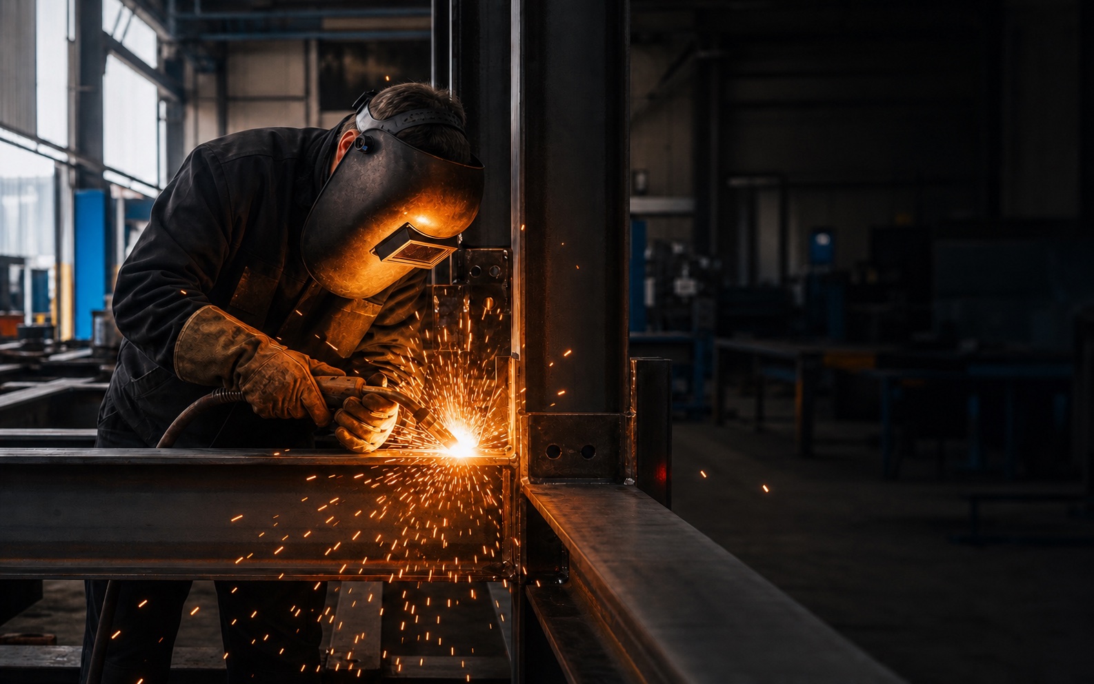 Welder fabricating a structural steel assembly in a UK workshop