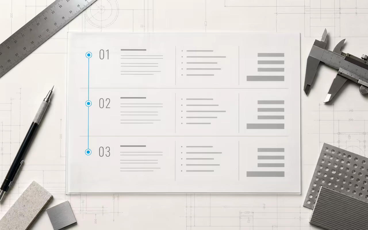 A clearly structured project scope sheet with drafting and measuring tools
