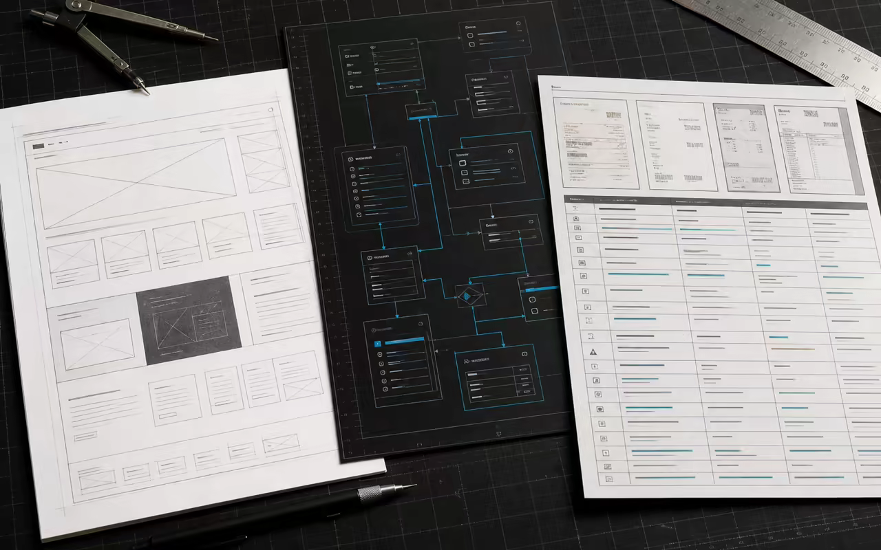 Website wireframes, an operational workflow and document processing sheets arranged as one connected system