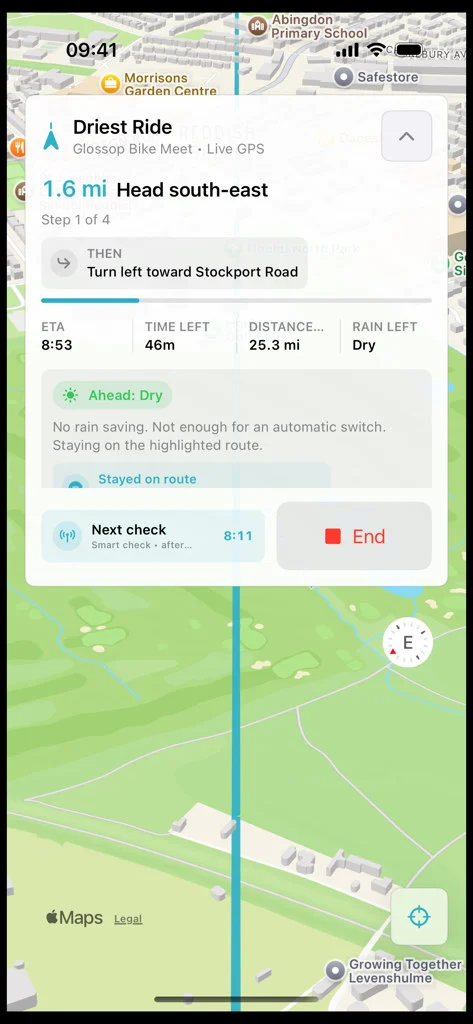 DryRide live guidance showing the next weather check while riding