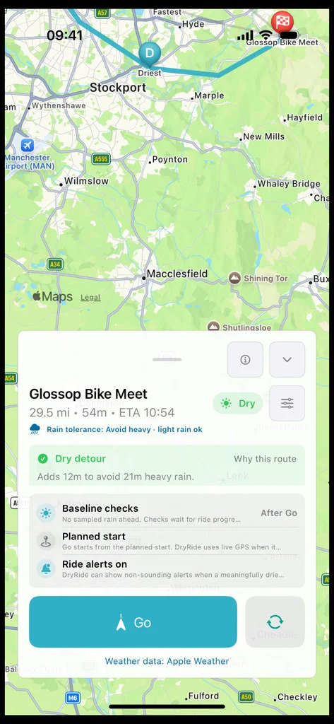 DryRide planned journey showing weather checks and the dry-route trade-off
