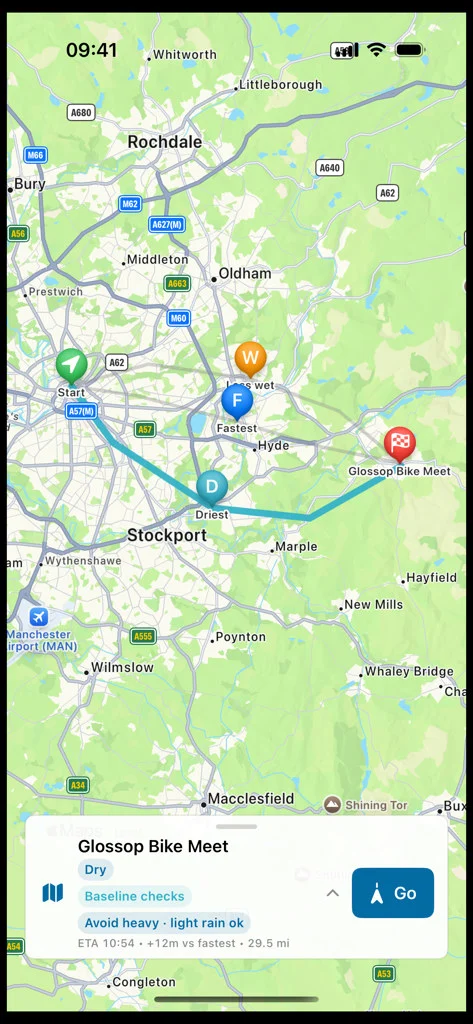 DryRide comparing fastest and driest routes on an iPhone map