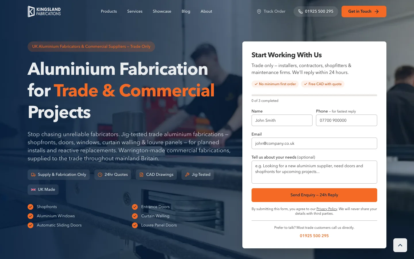 Kingsland Fabrications website built by Happy Webs — aluminium fabrication for trade and commercial projects, Warrington