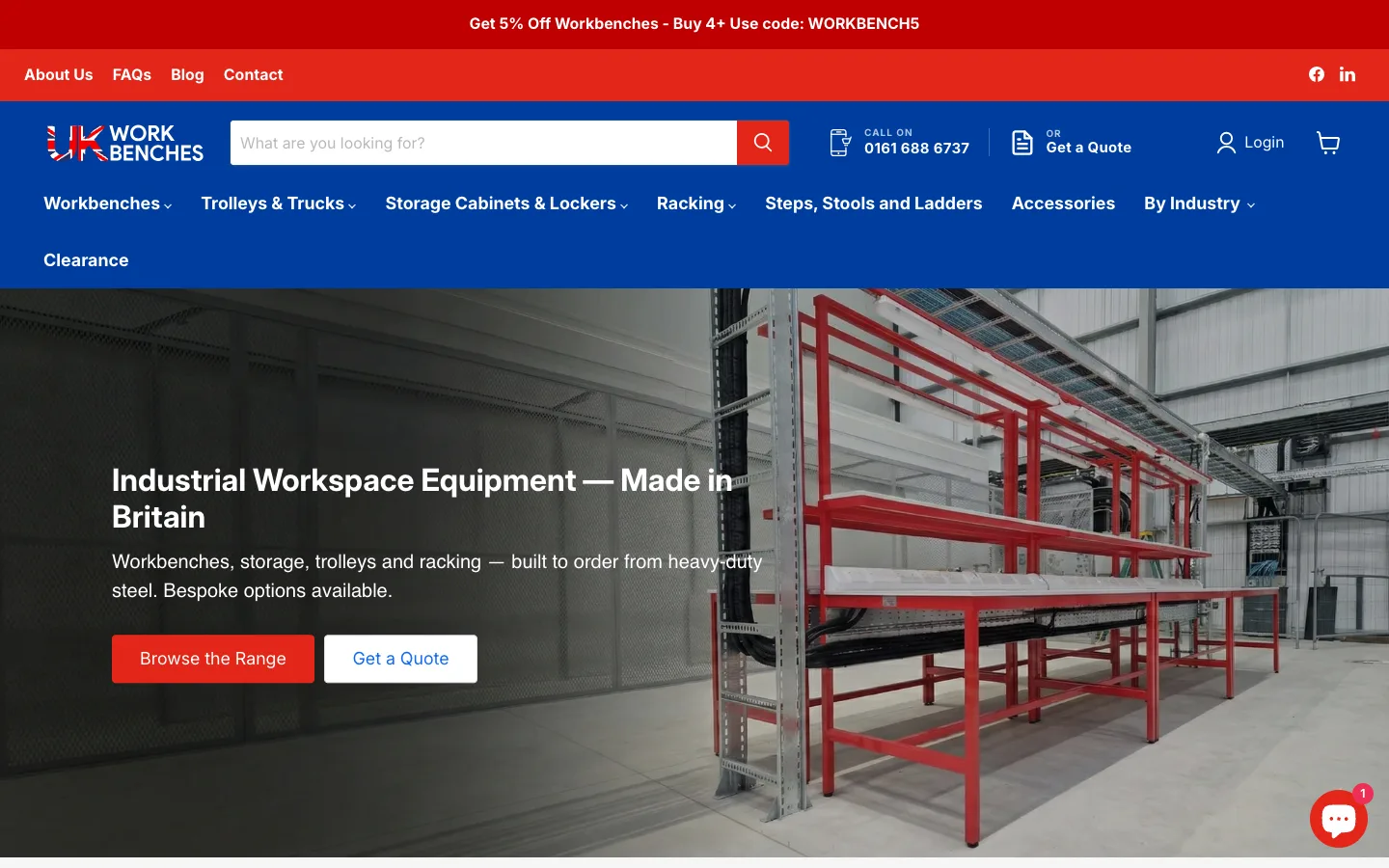 UK Workbenches ecommerce store built by Happy Webs — industrial workbenches manufactured in Mossley, Tameside