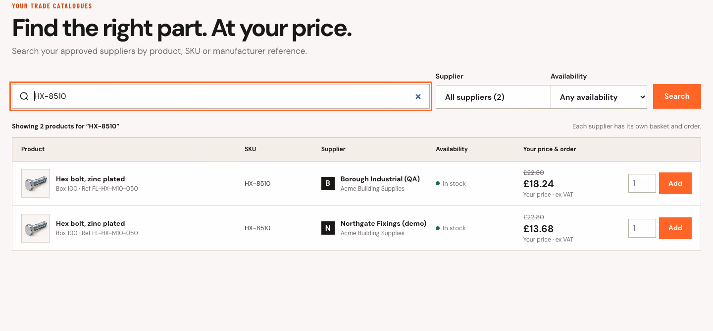 TradeCatalog search across two suppliers, each showing the buyer’s own account price