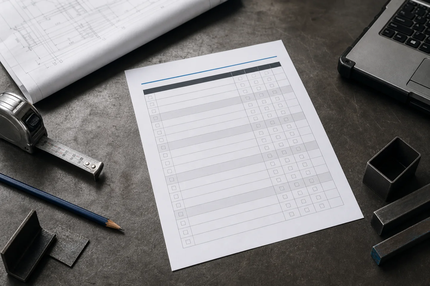 Printed manufacturing website checklist on a steel workbench beside drawings and measuring tools