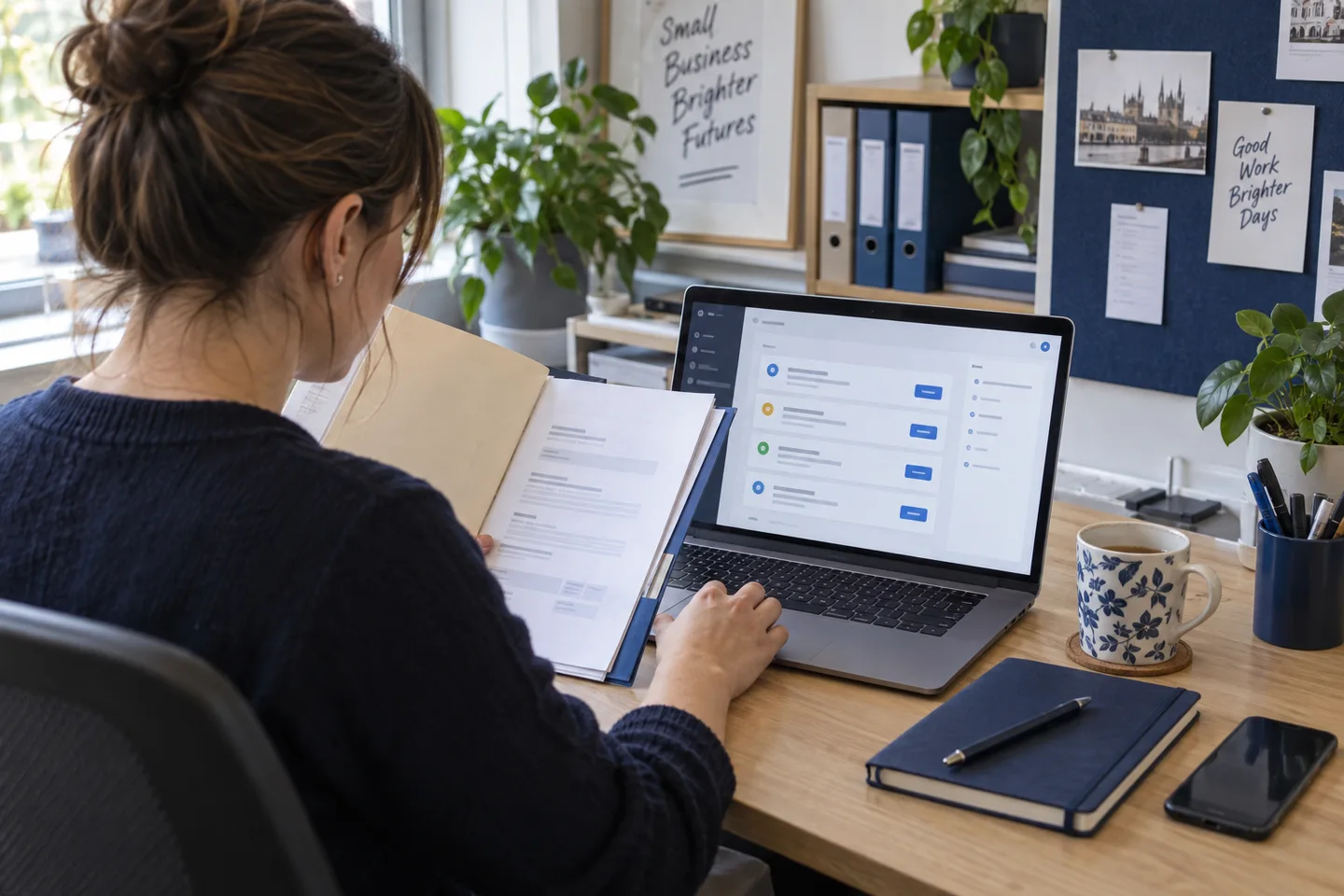 Illustrative office coordinator reviewing a draft work request prepared for approval