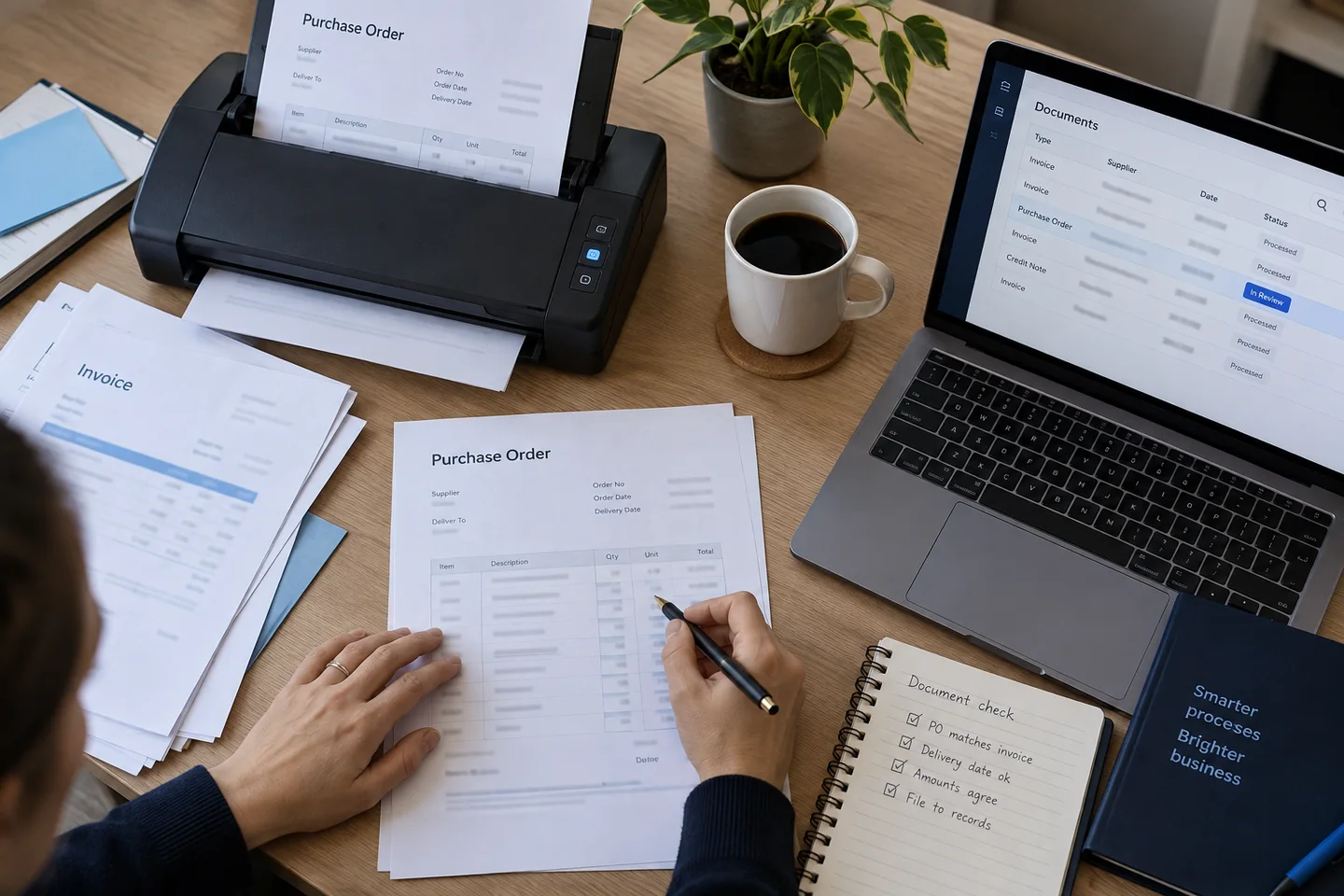 Illustrative document workflow with a scanner and human review
