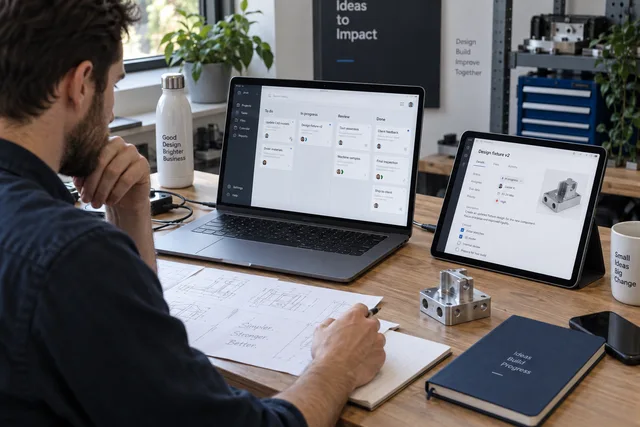Illustrative custom software planning with a job board, tablet and workflow sketches