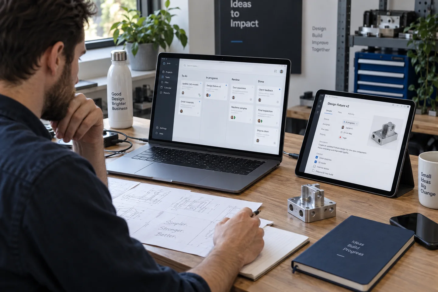 Illustrative custom software planning with a job board, tablet and workflow sketches