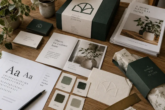 Illustrative brand identity with coordinated packaging and printed materials
