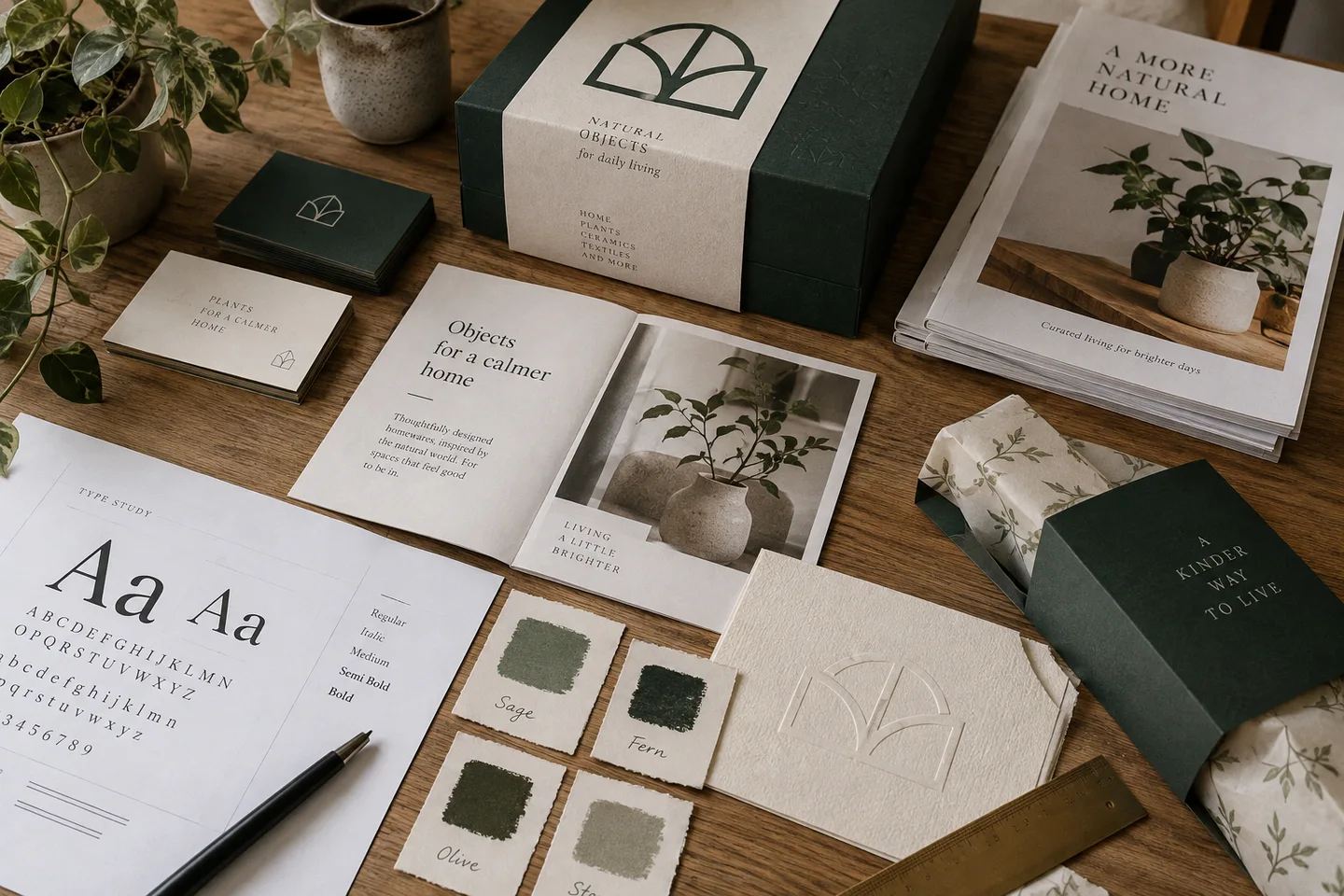 Illustrative brand identity showing coordinated packaging, print, colours and typography