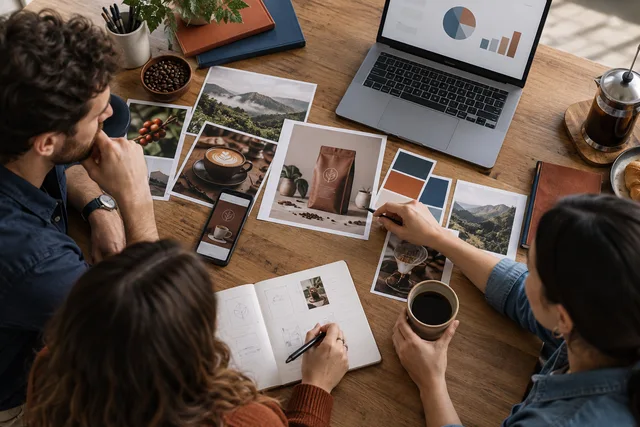 Illustrative campaign planning with product creative, advertising layouts and a media plan