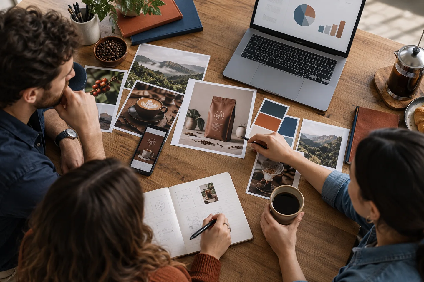 Illustrative campaign planning with product creative, advertising layouts and a media plan