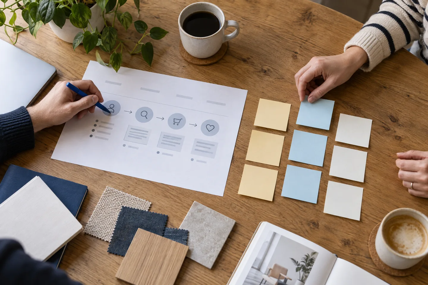 Illustrative project planning session with a customer journey, paper samples and working notes