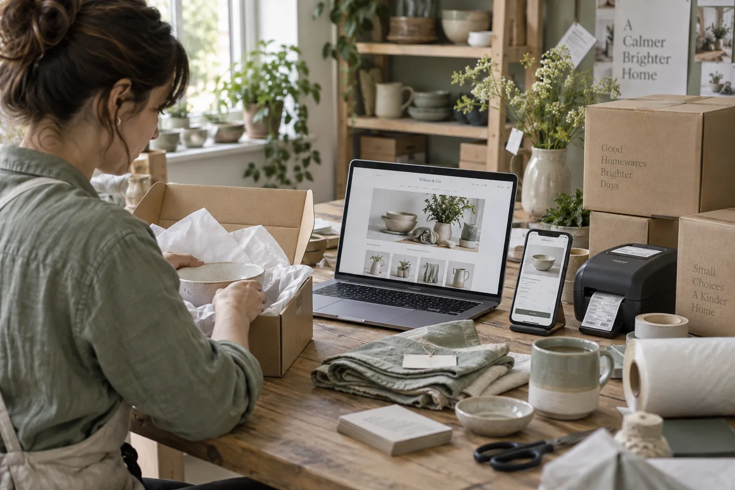 Illustrative online shop with product pages, mobile checkout and a packing workspace