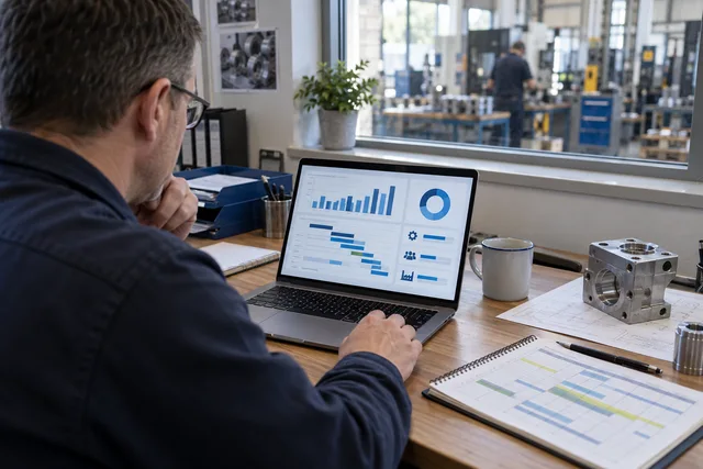 Illustrative operations review connecting production charts with a workshop schedule