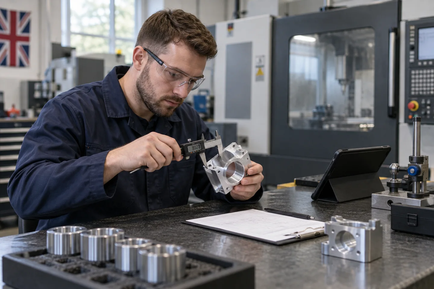 Illustrative inspector measuring an aluminium component at a workshop quality bench
