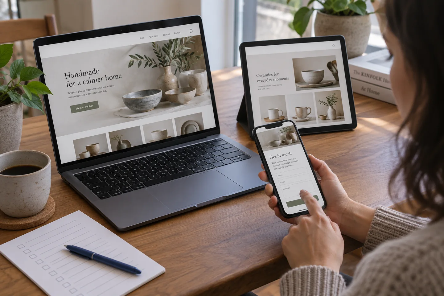 Illustrative website testing across laptop, tablet and phone with a practical checklist