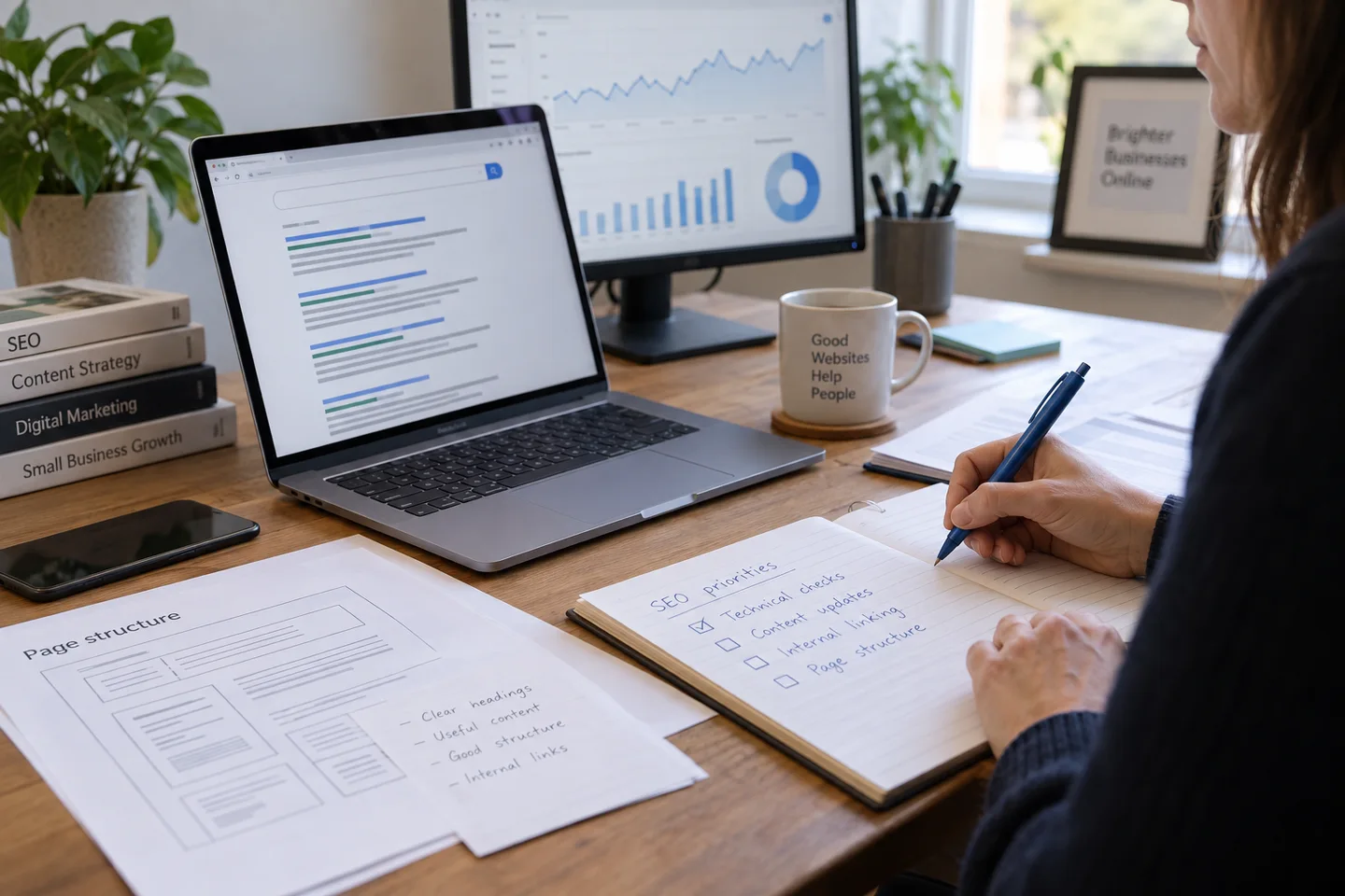 Illustrative search review with page structure, search results and a list of priorities