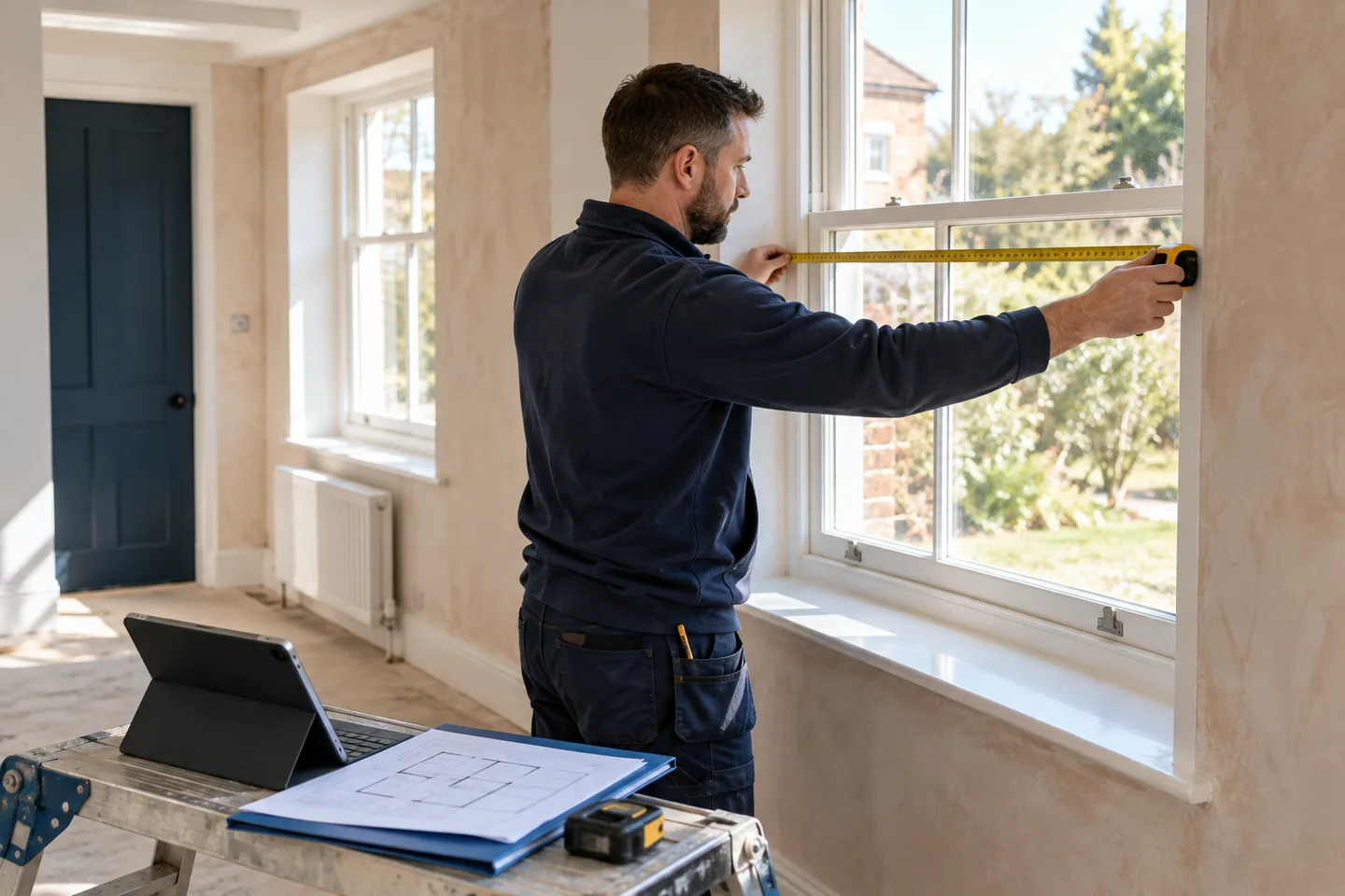 Illustrative tradesperson measuring a window and preparing a site survey